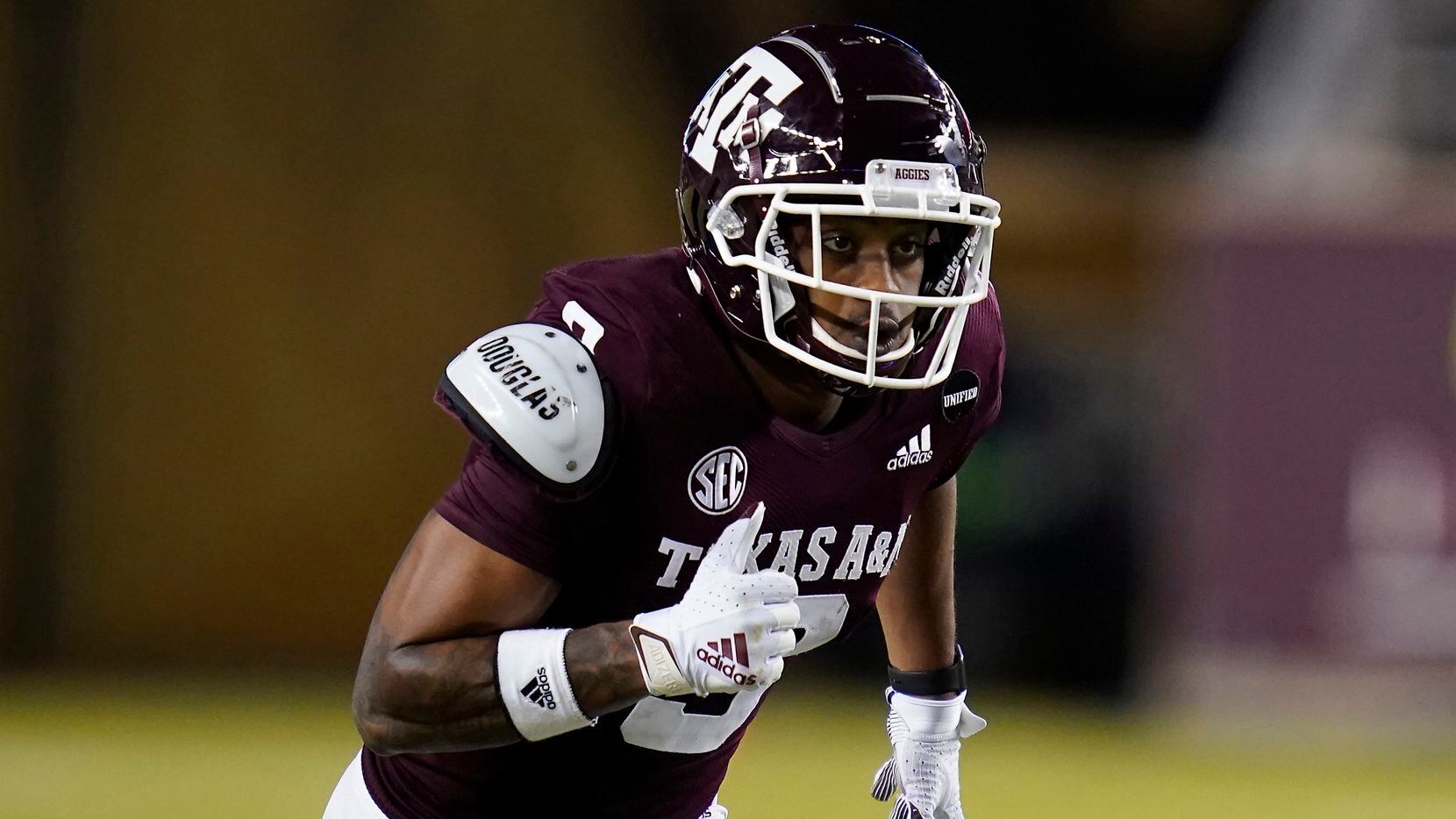 Texas A&M wide receiver Hezekiah Jones (9) runs a route against Arkansas during the second half of an NCAA college football game, Saturday, Oct. 31, 2020, in College Station, Texas.