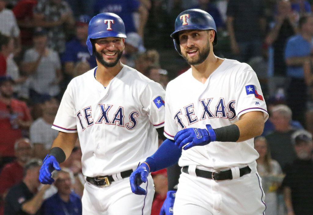 Texas Rangers Nomar Mazara, left, and Joey Gallo, right, are all smiles during the Detroit Tigers vs. the Texas Rangers major league baseball game at Globe Life Park in Arlington on Tuesday, August 15, 2017. (Louis DeLuca/The Dallas Morning News)