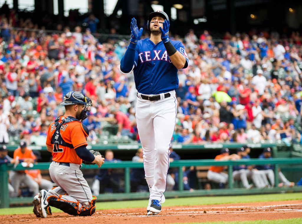 Texas Rangers first baseman Joey Gallo (13) celebrates a home run during the first inning of...