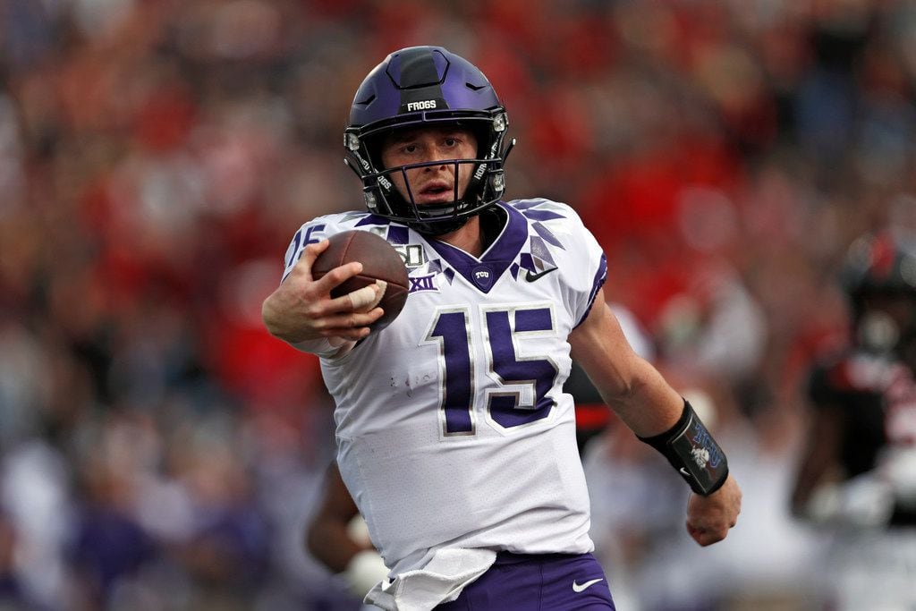 TCU's Max Duggan (15) scores a touchdown during the first half of an NCAA college football game against Texas Tech, Saturday, Nov. 16, 2019, in Lubbock, Texas. (Brad Tollefson/Lubbock Avalanche-Journal via AP)