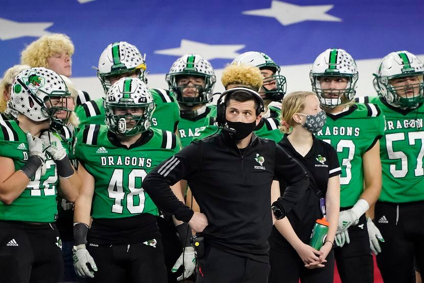 Southlake Carroll head coach Riley Dodge looks on from the sidelines during the second...