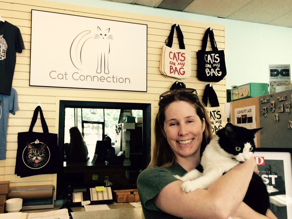 Errin West, co-owner of The Cat Connection in Farmers Branch, with house feline Stevie.
