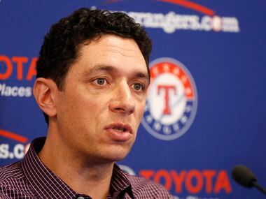 FILE - Rangers general manager Jon Daniels answers questions during a press conference at Mercy Street Sports Complex in Dallas on Wednesday, Jan. 15, 2020.
