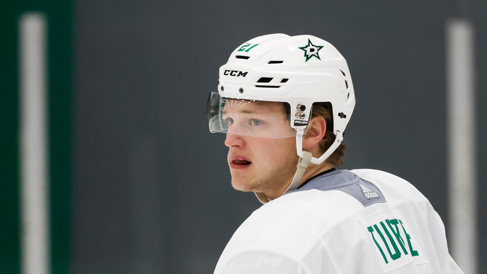 Dallas Stars left wing Riley Tufte participates in a training camp practice at the Comerica Center on Wednesday, Jan. 6, 2021, in Frisco.