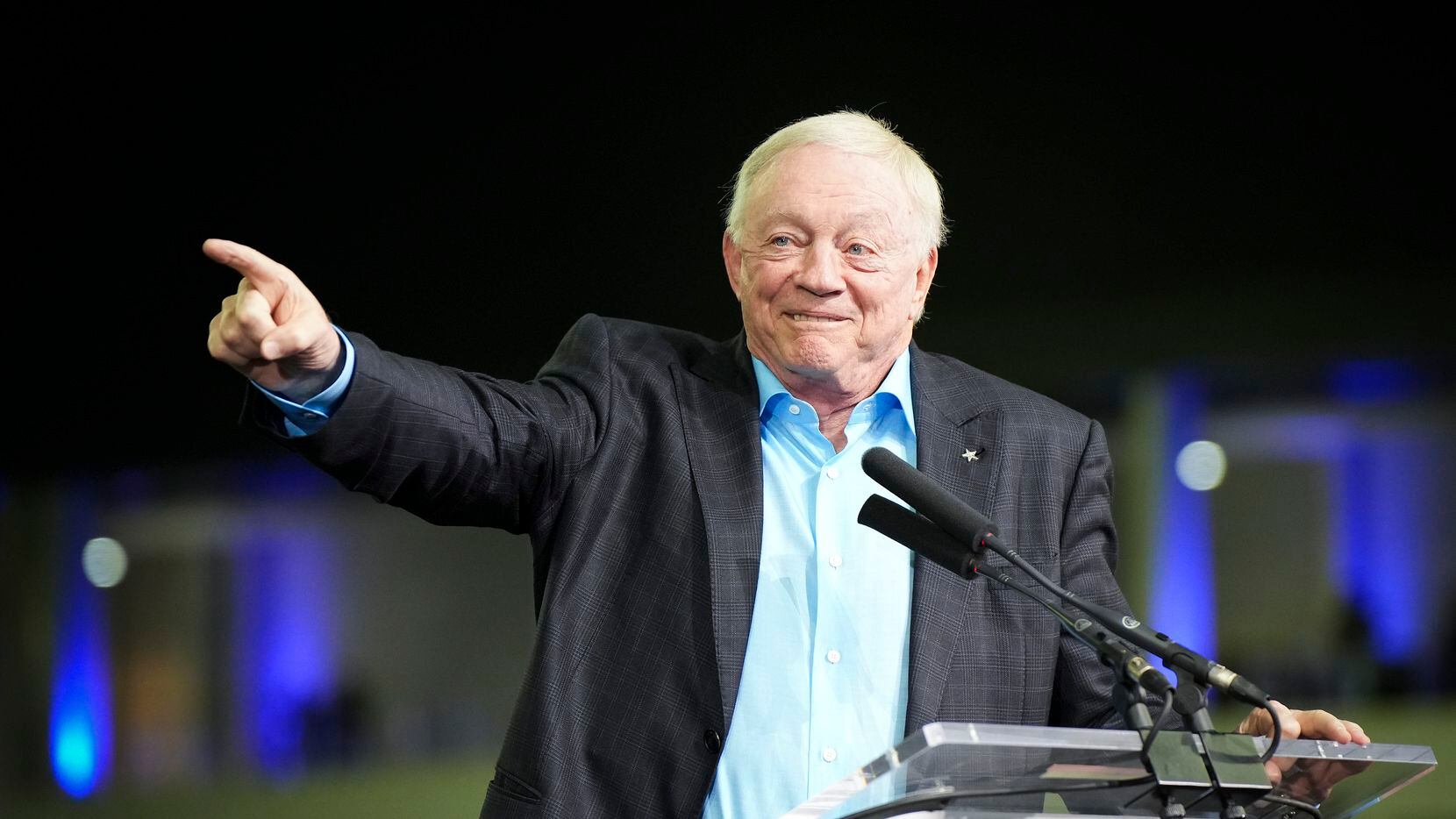 Dallas Cowboys owner and general manager Jerry Jones addresses the crowd during the opening...