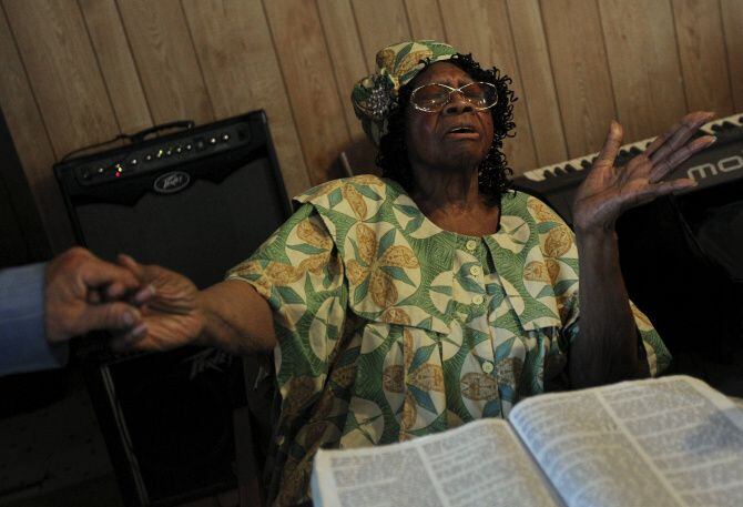 Velma Johnson, 85, is pastor of the Liberty in Christ House of God church in West Dallas....