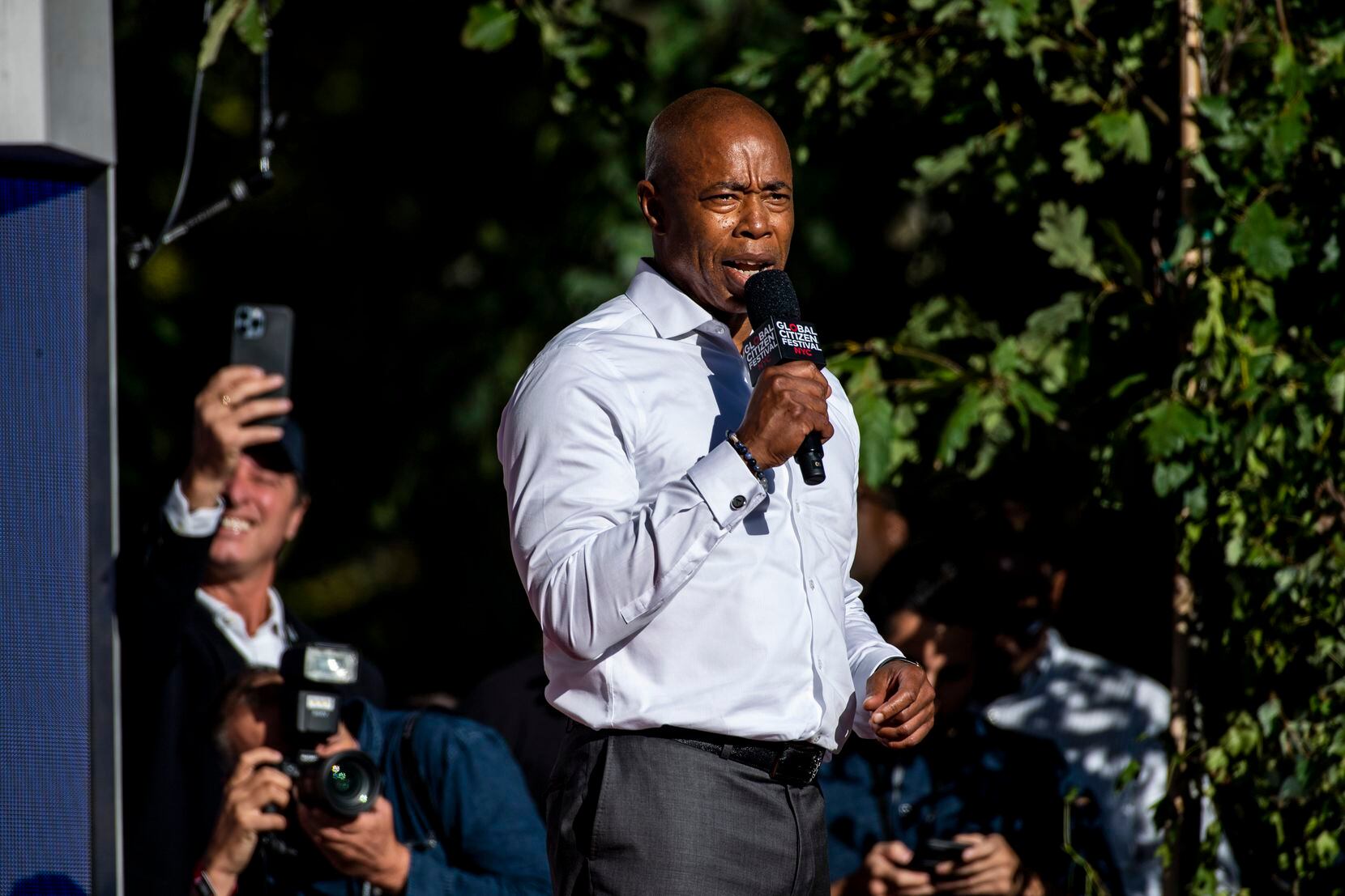 Mayor Eric Adams speaks at the Global Citizen Festival in Central Park in New York on...
