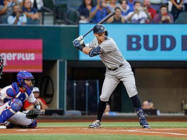 New York Yankees right fielder Aaron Judge (99) waits for a pitch during the first inning of...
