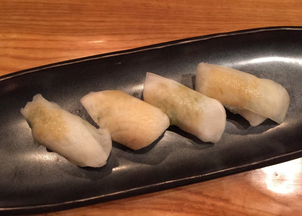 Kabu sushi, a special at Yutaka Sushi Bistro. The kabu (turnip), sliced thin and dabbed with...