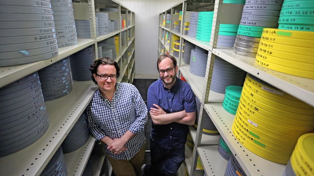 Curator Jeremy Spracklen and assistant curator Scott Martin in the 50-degree film vault beneath the SMU campus