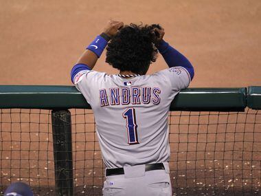 Texas Rangers Elvis Andrus pulls his hair as he watches the game against the San Francisco...