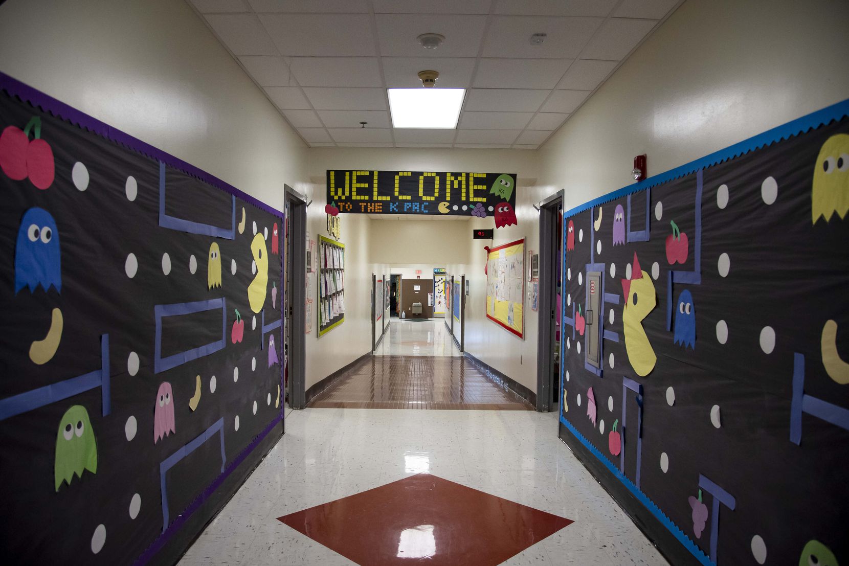 “Pac-Man” decorations line a hallway at Esperanza "Hope" Medrano Elementary School. 