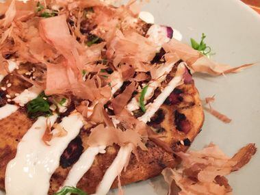 Johnny Cake okonomiyaki with smoked "city" ham, red cabbage, benne seeds, Duke's mayo,...