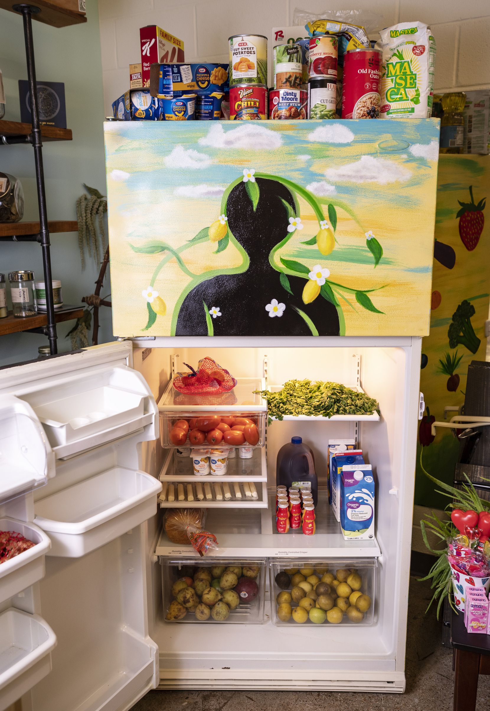 The inside of Jasmine Coleman's free refrigerator concept titled The People's Fridge located...