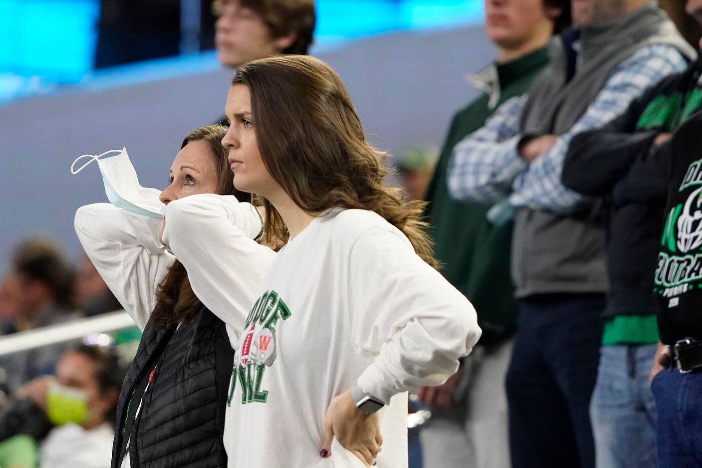Alexis Dodge, wife of Southlake Carroll head coach Riley Dodge, watches during the third quarter of the Class 6A Division I state football championship game against Austin Westlake at AT&T Stadium on Saturday, Jan. 16, 2021, in Arlington, Texas. (Smiley N. Pool/The Dallas Morning News)