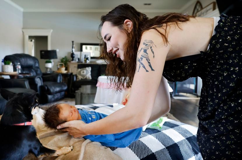 Nyah Berrios with her newborn son, Jaxxyn, on Sept. 1 at their home in Tuscola, Texas, just...