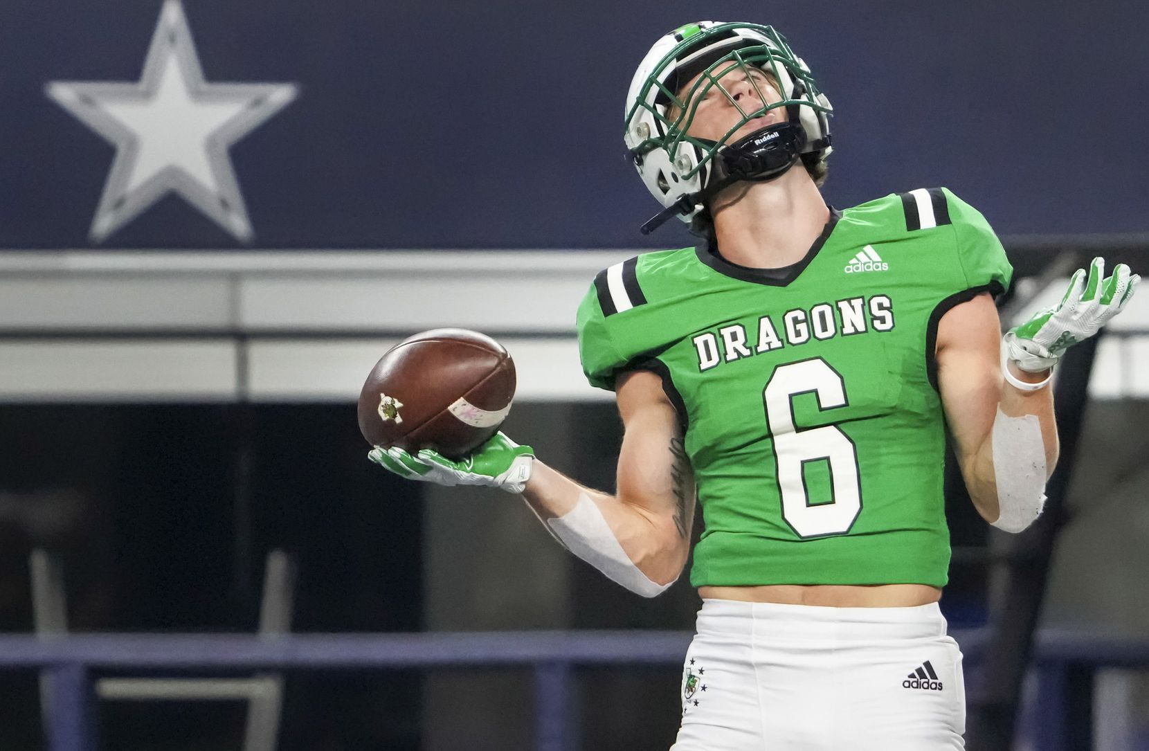 Southlake Carroll wide receiver Landon Samson (6) celebrates after scoring during a touchdown reception in the first half of a high school football game against Highland Park at AT&T Stadium on Thursday August 26, 2021 in Arlington.