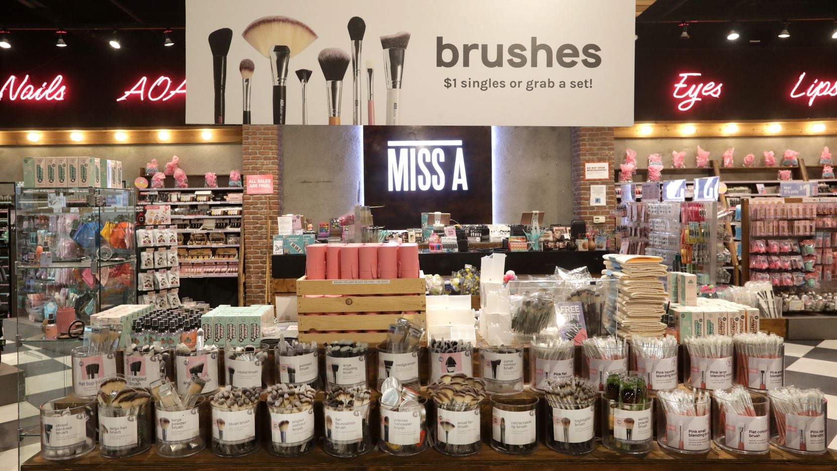 Products from the Dallas-based $1 beauty retailer Miss A are displayed in the retailer's...