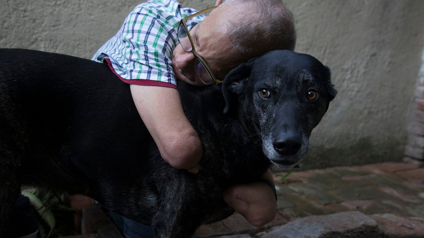 Charles Hall, 62, is pictured with Suerte (Luck), one of his rescue dogs, inside his home in...