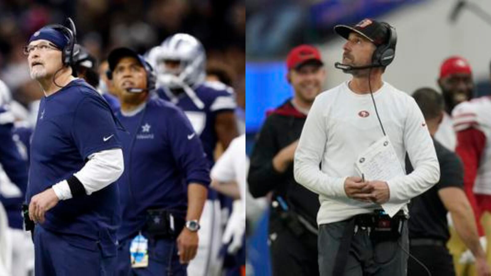 Cowboys defensive coordinator Dan Quinn and 49ers head coach Kyle Shanahan.