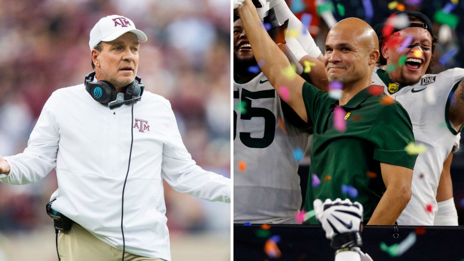 Texas A&M coach Jimbo Fisher (left) and Baylor coach Dave Aranda (right). (Photos by The...