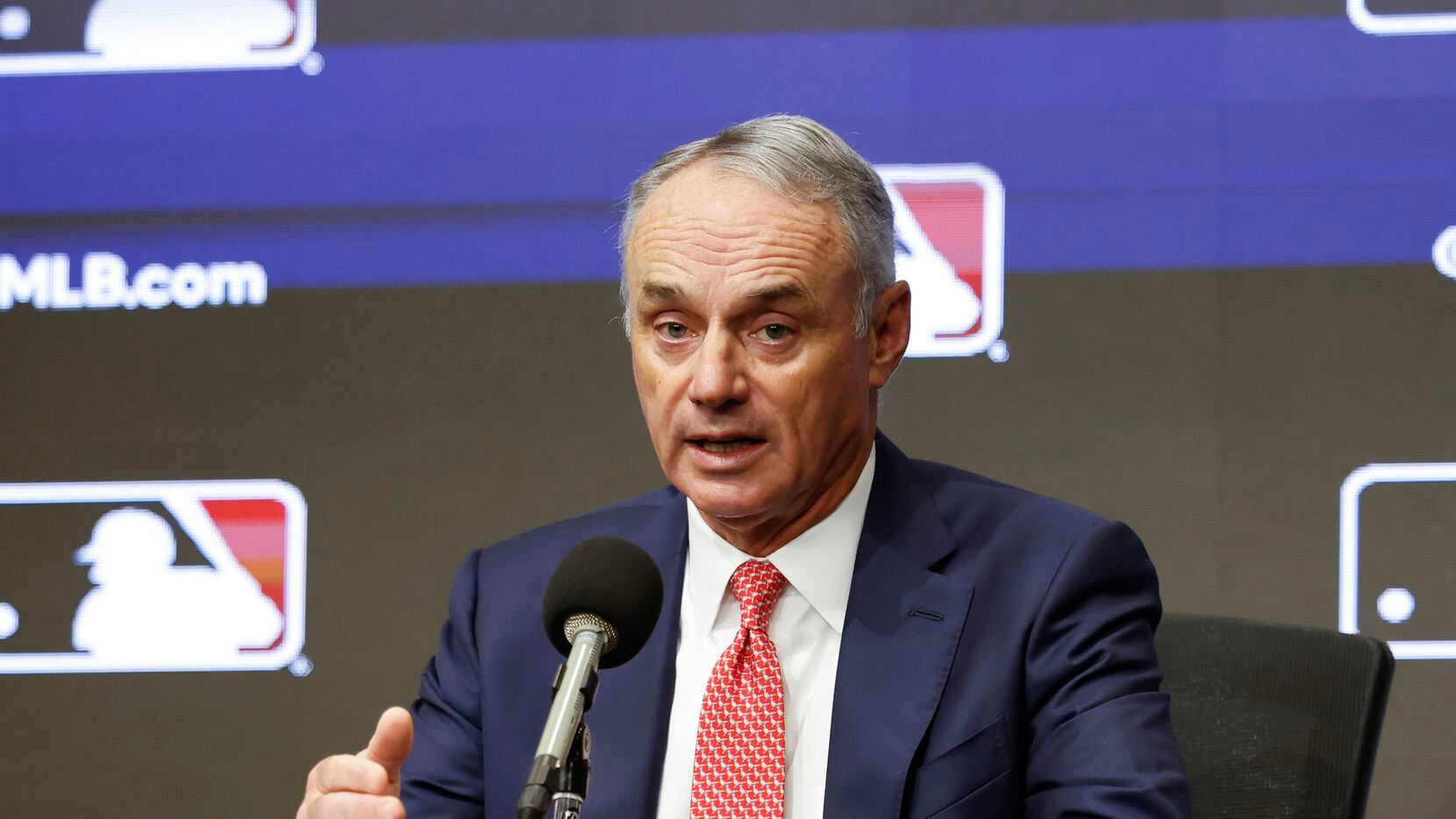 Major League Baseball commissioner Rob Manfred speaks during a news conference at Globe Life...