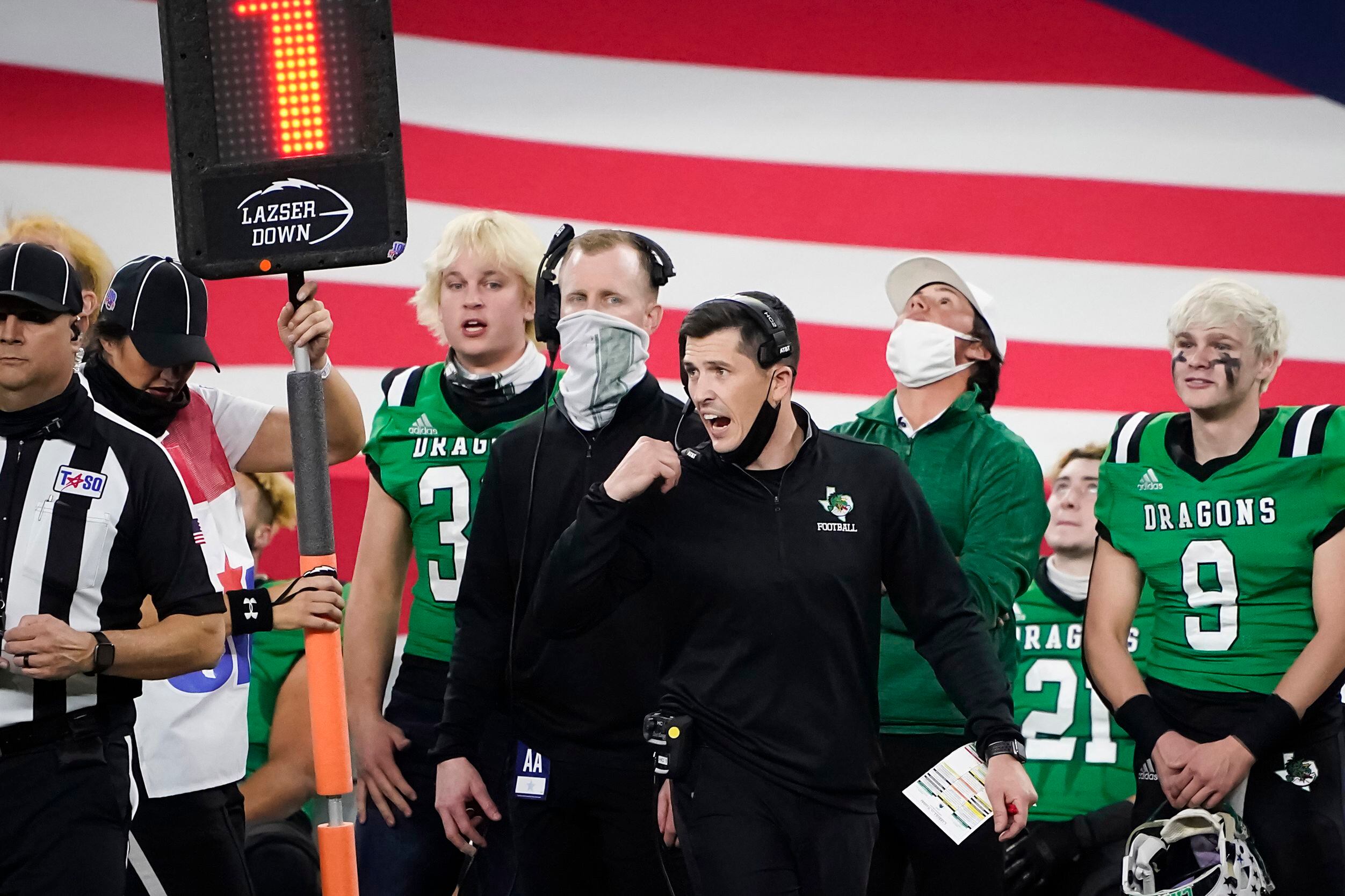 Southlake Carroll head coach Riley Dodge reacts to a play during the second quarter of the...