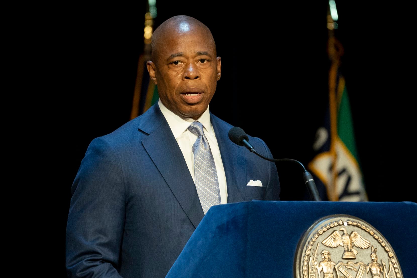 Mayor Eric Adams spoke during a graduation ceremony at Madison Square Garden on July 1...