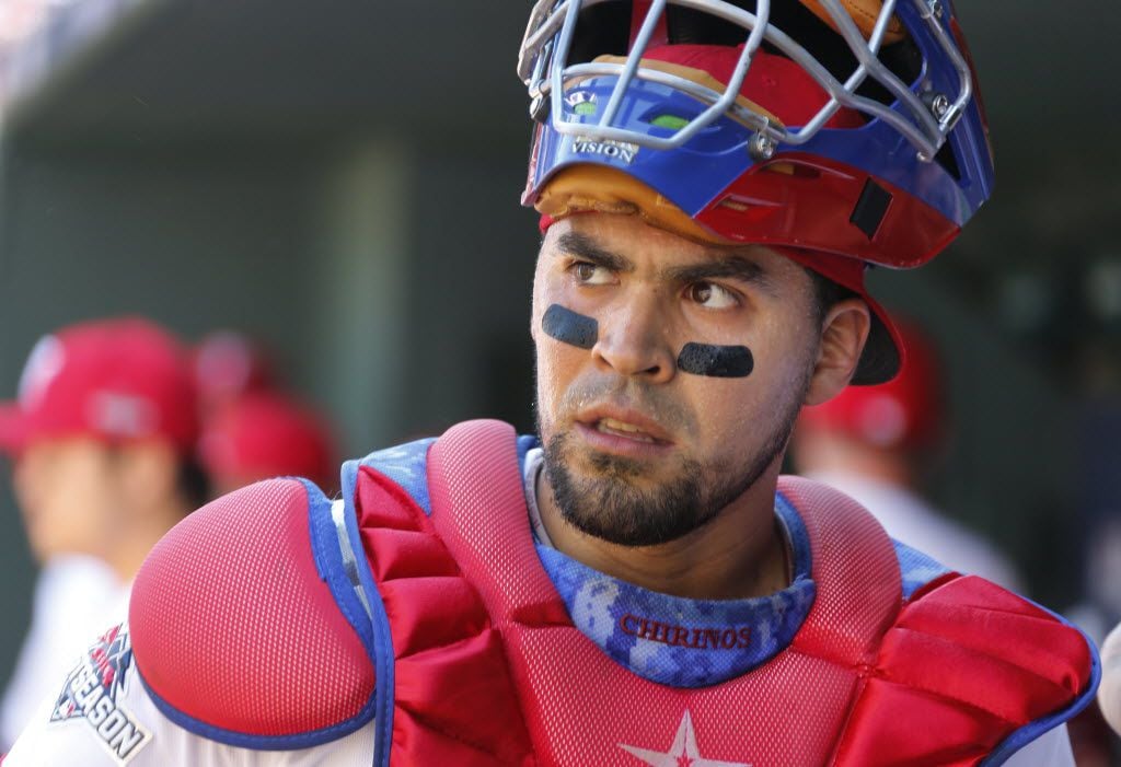 Texas Rangers catcher Robinson Chirinos (61) is pictured during Game 4 of the ALDS between...
