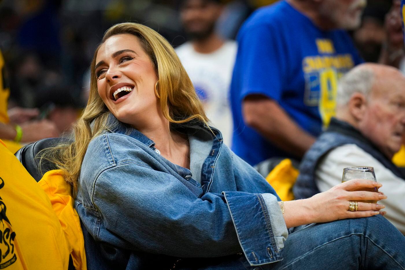 Singer Adele watches from courtside during the second quarter in Game 2 of the NBA Western...