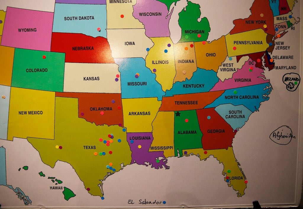 Stickers on a U.S. map used at a recent mixer represented the many places people have moved...