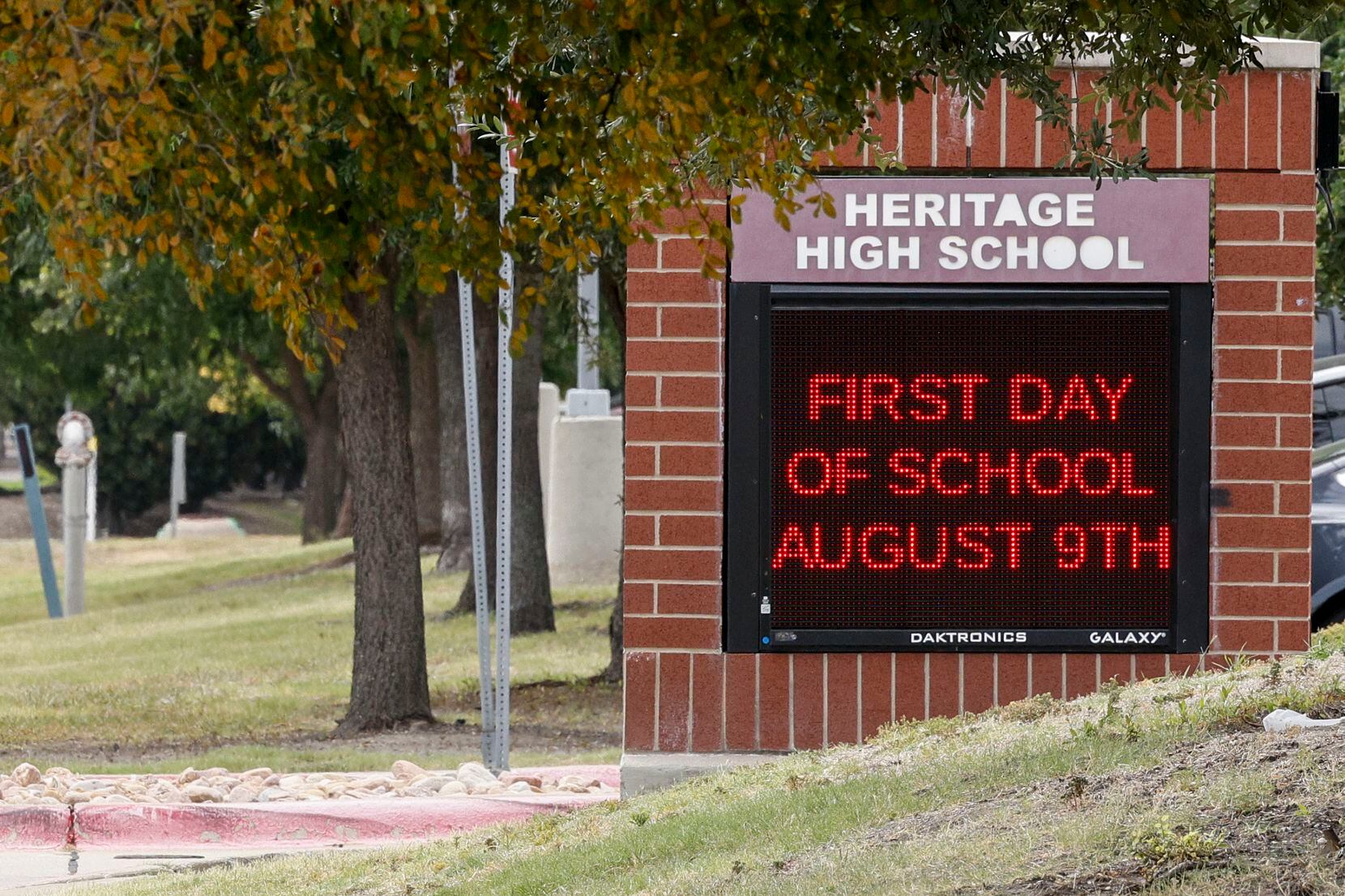 A sign shows the day for the first day of school at Heritage High School, Wednesday, Aug. 9,...