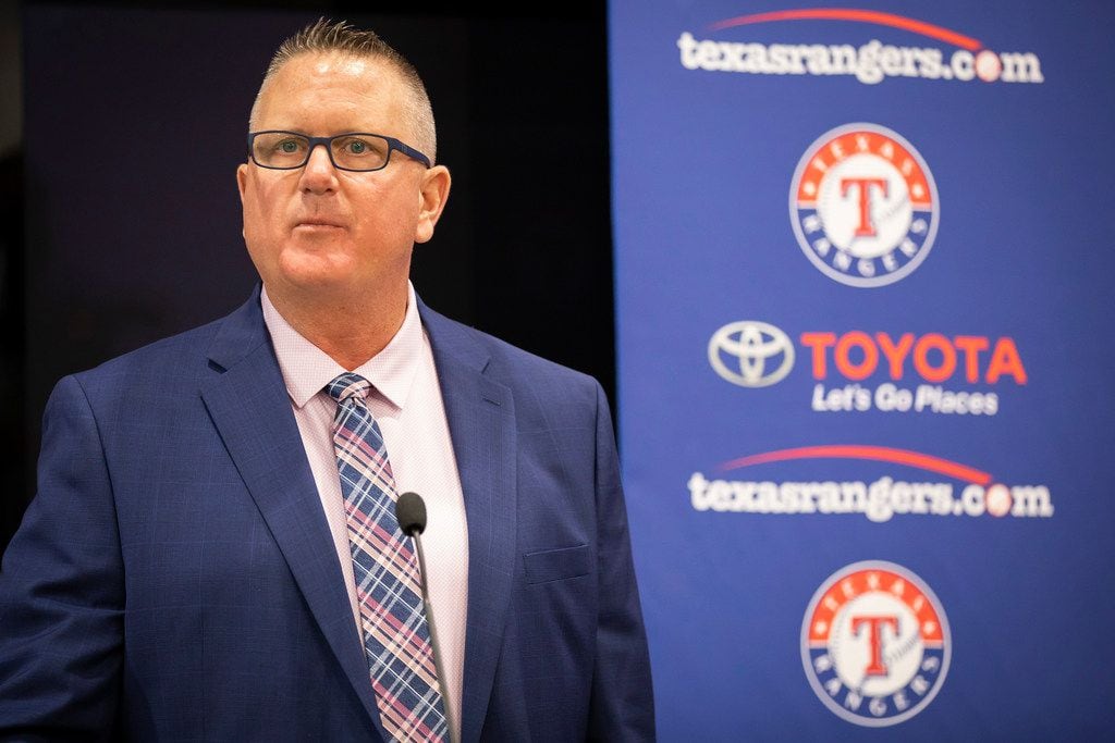 Texas Rangers Senior Director of Amateur Scouting Kip Fagg addresses the media as the team...