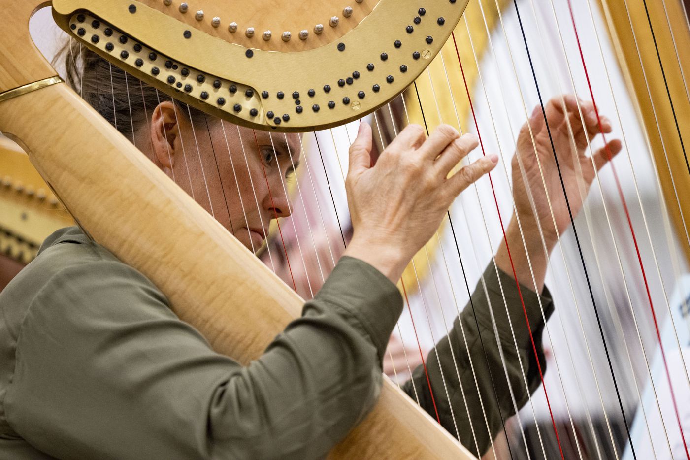 One of six harpists performs during the orchestral rehearsal for Dallas Opera’s Das...