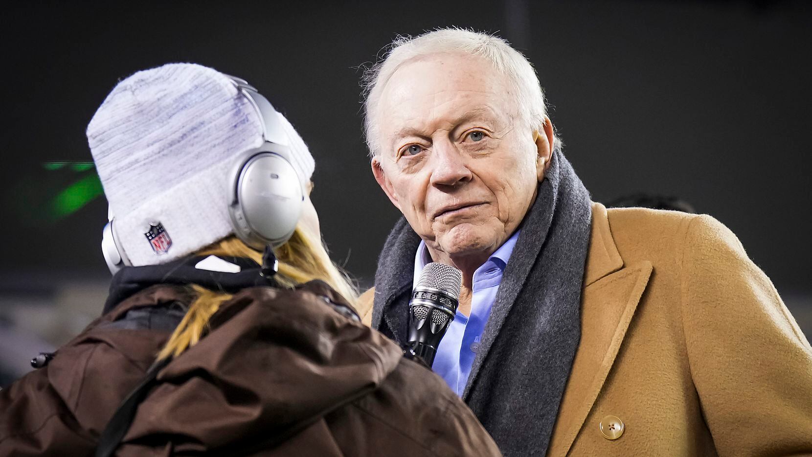 Dallas Cowboys owner and general manager Jerry Jones is interviewed by Cowboys sideline...