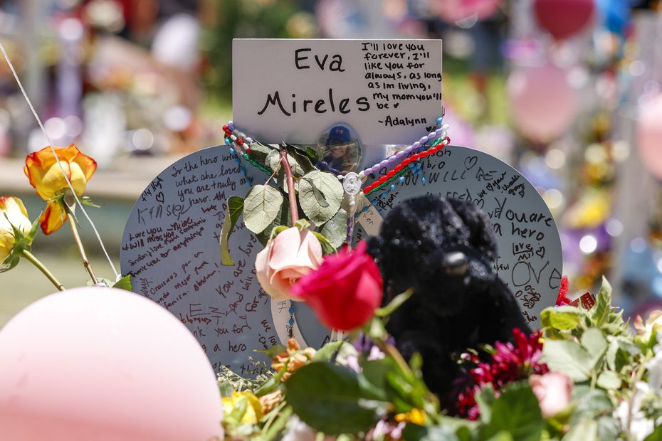 A memorial for Robb Elementary School shooting victim Eva Mireles, 44, at the town square in...