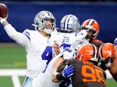Dallas Cowboys quarterback Dak Prescott (4) throws a fourth quarter interception to Cleveland Browns cornerback Denzel Ward (not pictured) at AT&T Stadium in Arlington, Texas, Sunday, October 4, 2020. The Cowboys lost, 48-39.