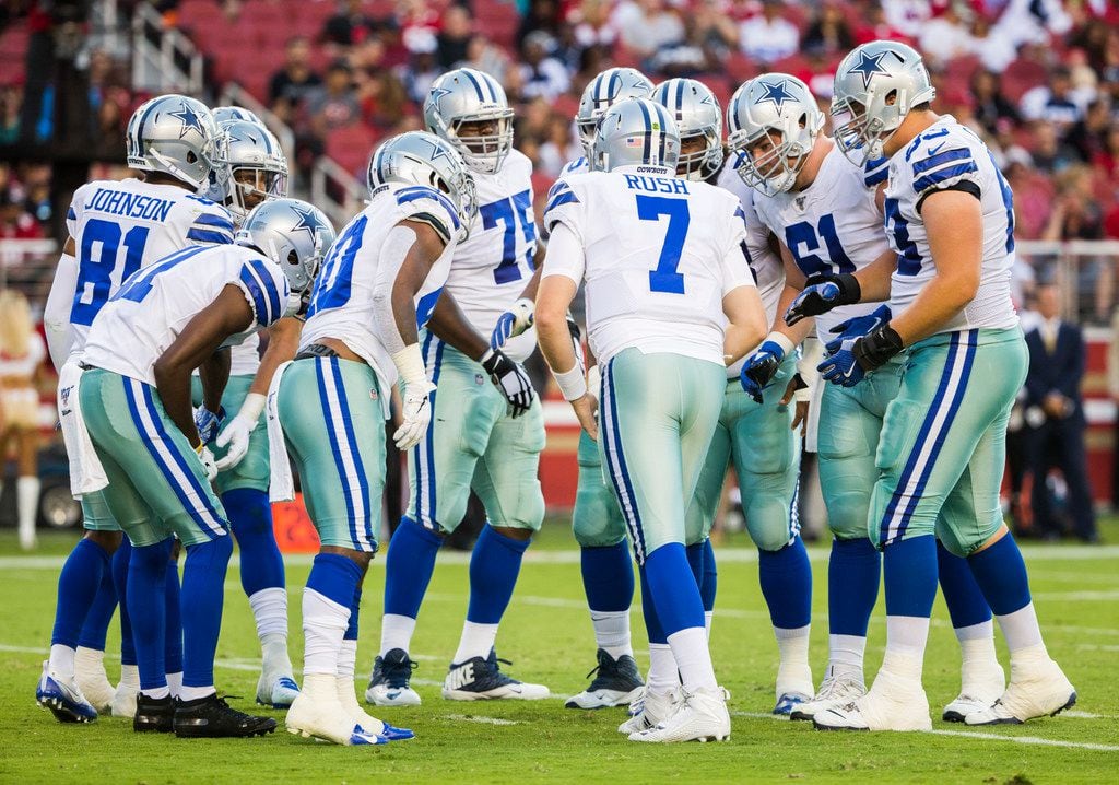 Dallas Cowboys quarterback Cooper Rush (7) calls a play during the second quarter of an NFL...