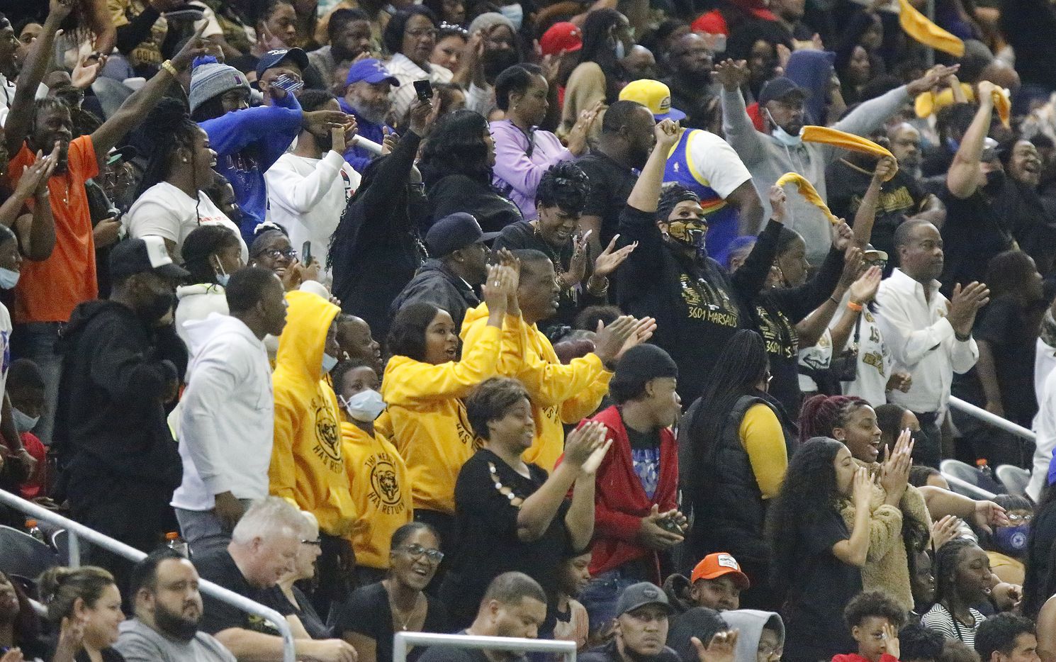South Oak Cliff High School fans cheer their team during the first half as South Oak Cliff High School played Lovejoy High School in the Class 5A Divison II Region II final playoff game at Ford Center in Frisco on Saturday, December 4, 2021. (Stewart F. House/Special Contributor)