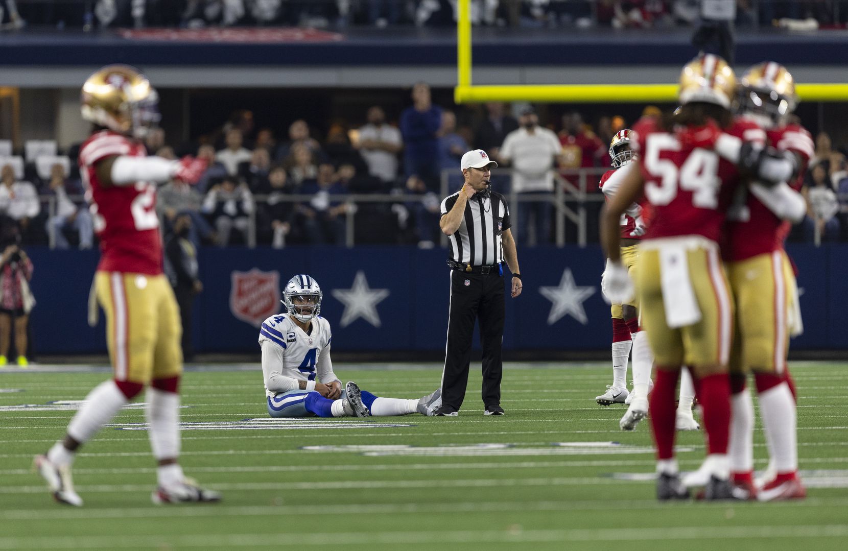 Dallas Cowboys quarterback Dak Prescott (4) looks on after throwing an incomplete pass,...