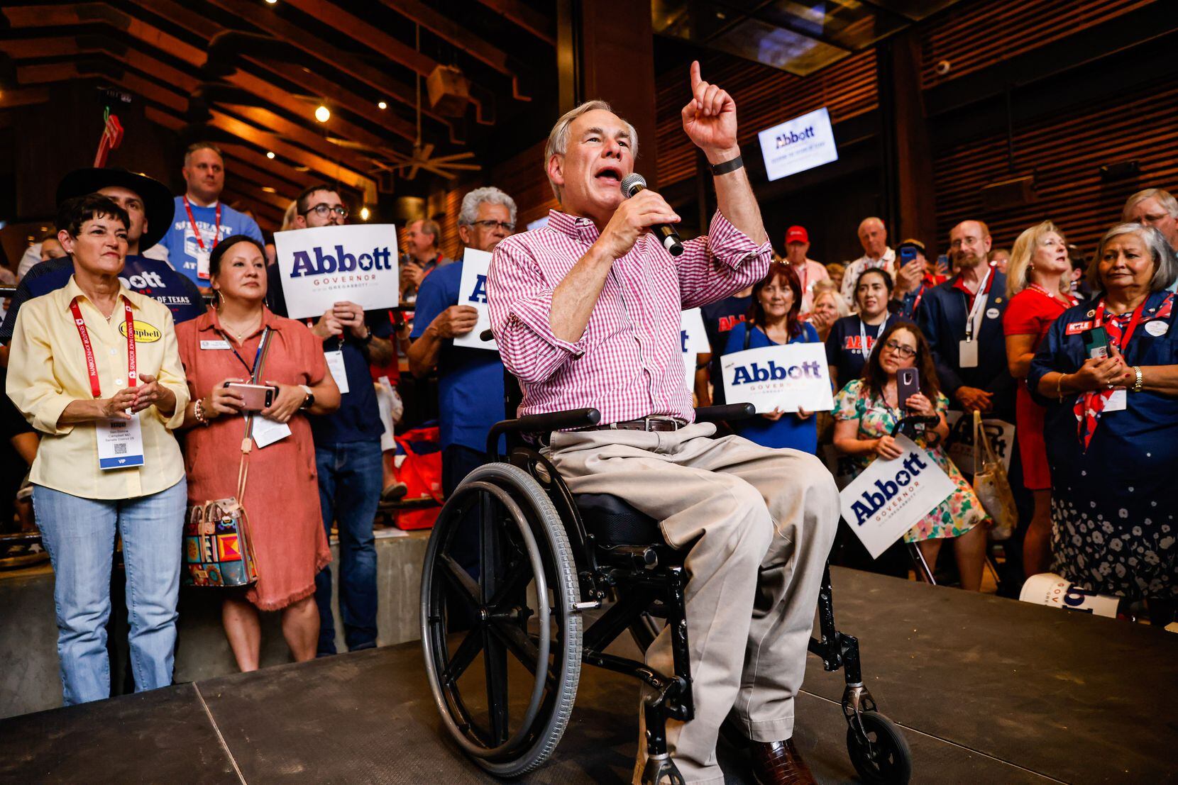 Texas Gov. Greg Abbott addressed attendees during the 2022 Republican state convention...
