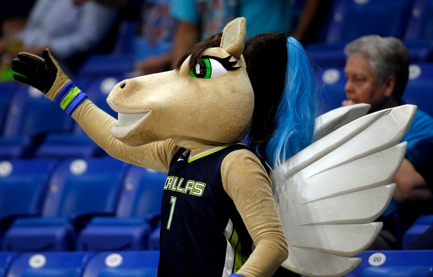 Dallas Wings mascot "Lightning" works to energize fans just prior to the opening tip between the Wings and the Las Vegas Aces. The two WNBA teams played their game at College Park Center on the campus of UT-Arlington on July 11, 2021. (Steve Hamm/ Special Contributor)