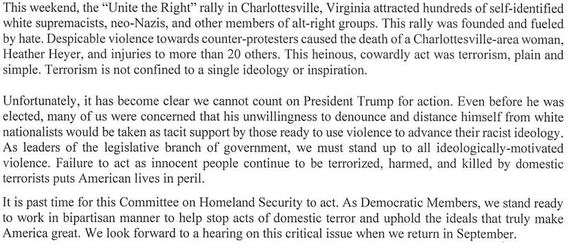 From House Democrats' letter to Homeland Security Chairman Michael McCaul on Aug. 15, 2017.