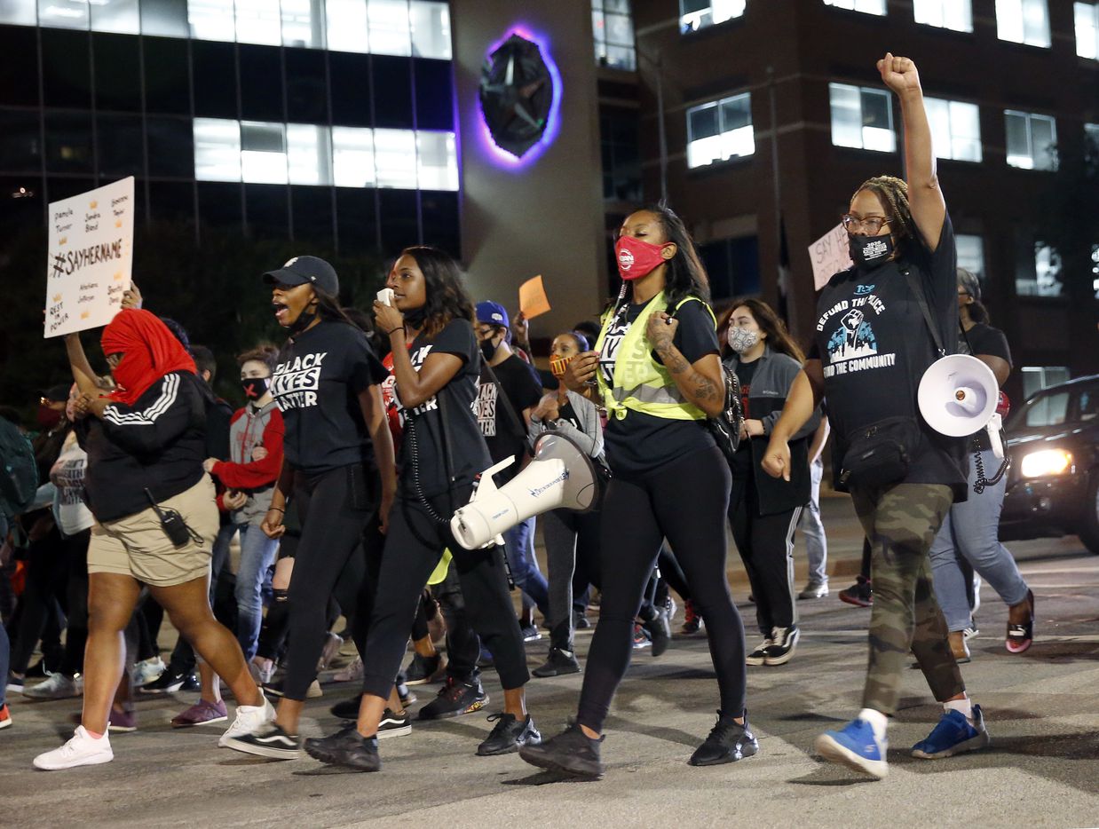 Next Generation Action Network led a protest and march in support of Breonna Taylor outside Dallas Police Headquarters in Dallas, Wednesday, September 23, 2020. A Kentucky grand jury brought no charges against the Louisville police for the killing of Taylor during a drug raid gone wrong. (Tom Fox/The Dallas Morning News)