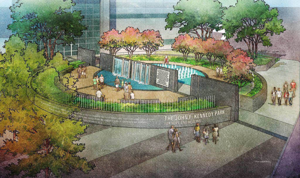 An artist's rendering shows the John F. Kennedy Park for Hope and Healing at Parkland.