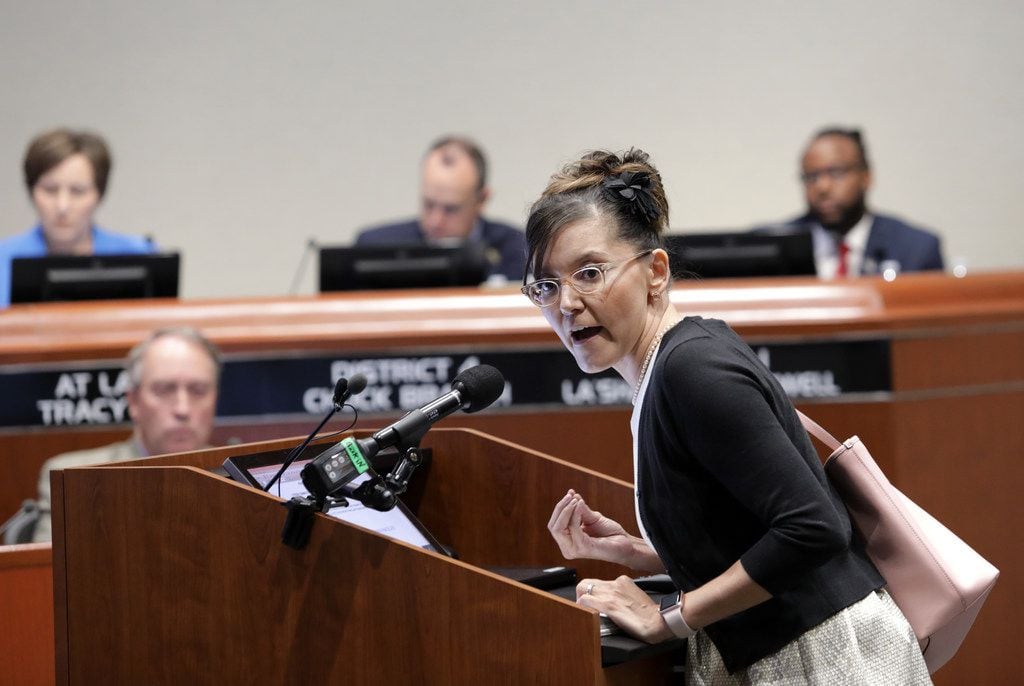 Kristi Lara speaks about council member La'Shadion Shemwell's accusation that a McKinney police officer racially profiled him during a traffic stop during a McKinney City Council meeting on May 15.  