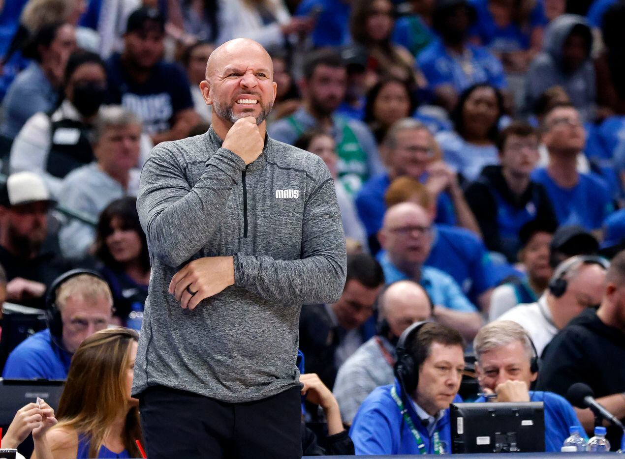 Dallas Mavericks head coach Jason Kidd reacts during a third quarter offensive possession...