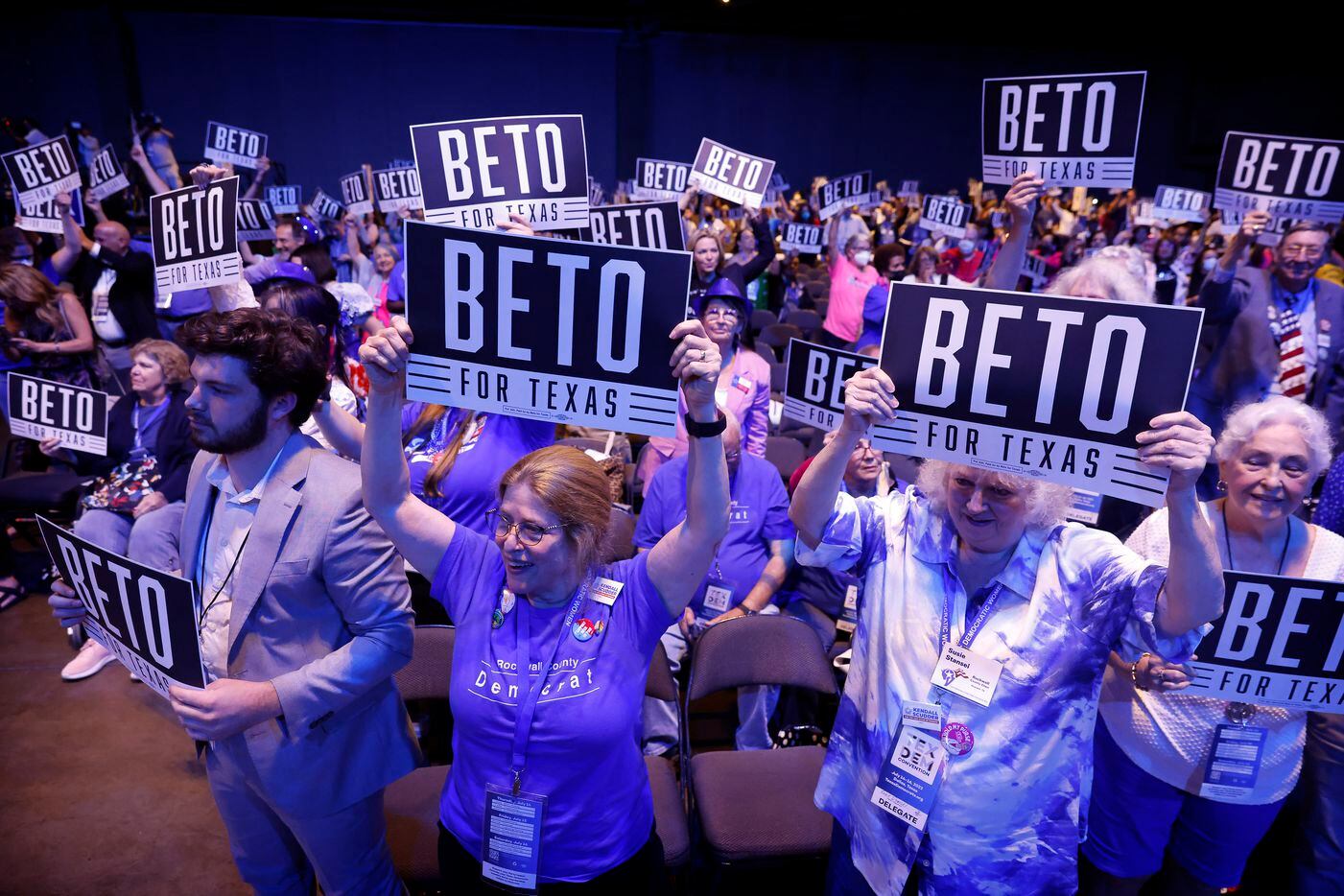 Delegates and guests cheers on Democratic gubernatorial challenger Beto O'Rourke as he...