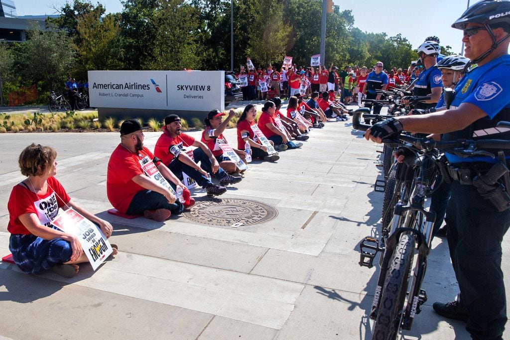 Protesters blocked traffic to the new corporate headquarters for American Airlines in Fort...