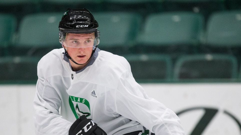 Thomas Harley (5) participates in a drill during Dallas Stars prospect camp on Tuesday, June...